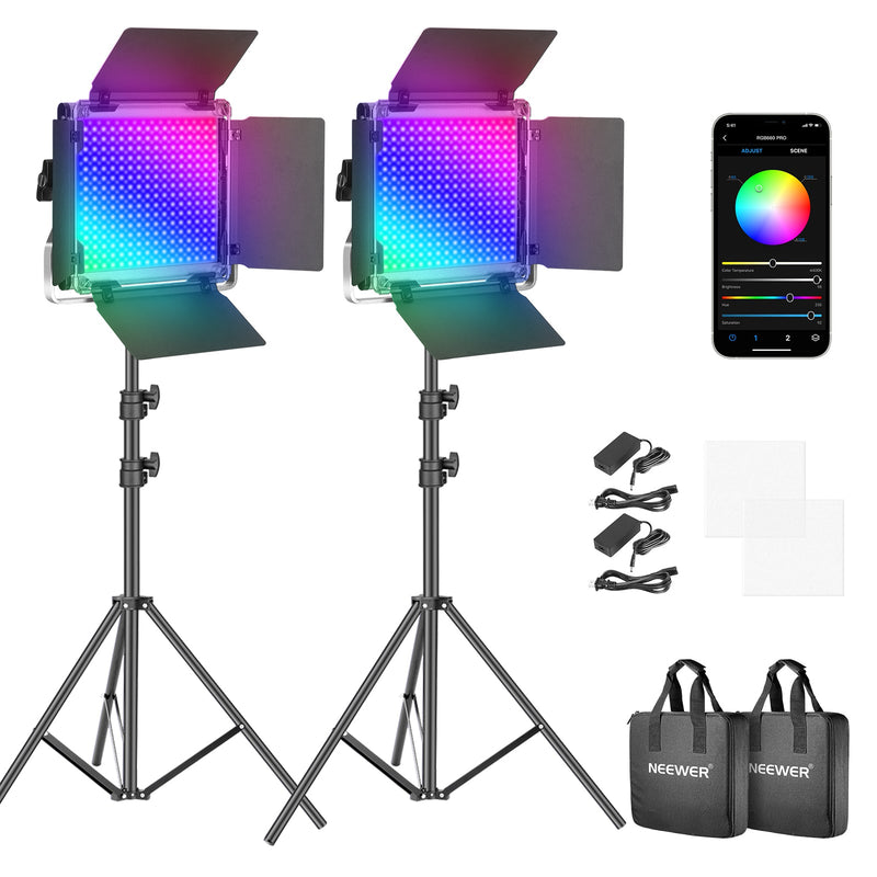 NEEWER 2 Pack RGB660 PRO LED Video Light Kit with Stands