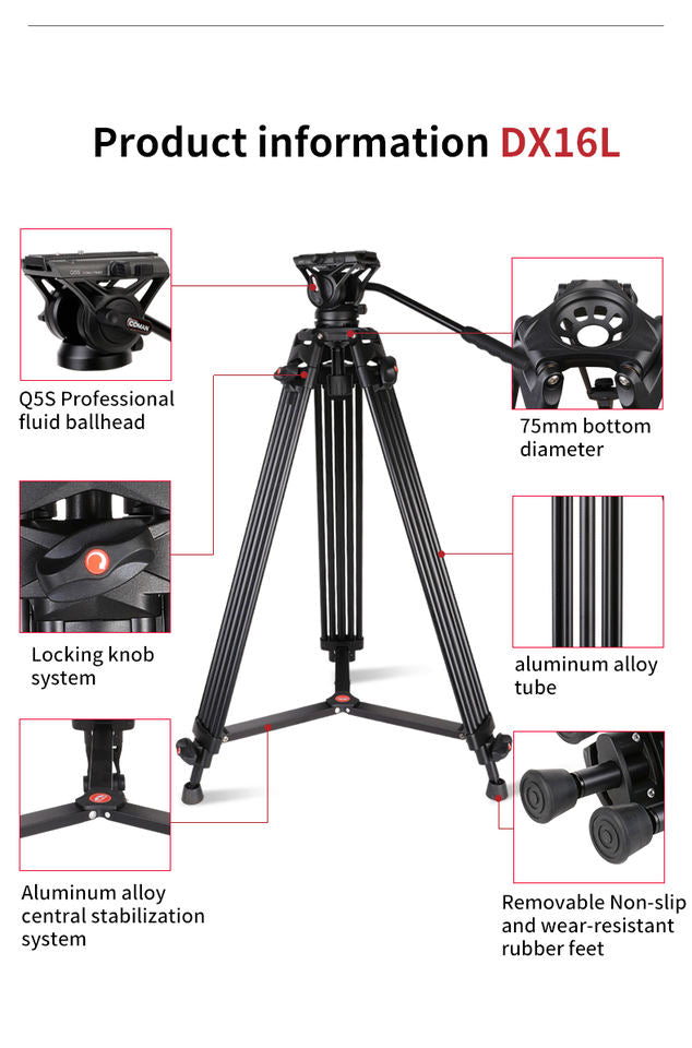 Coman DX16LS 6.3ft 10kg Professional Aluminum Tripod With Mid-Level Spreader and Fluid Head
