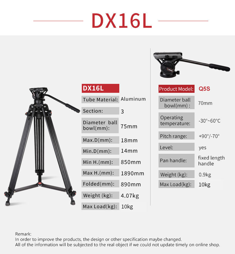 Coman DX16LS 6.3ft 10kg Professional Aluminum Tripod With Mid-Level Spreader and Fluid Head