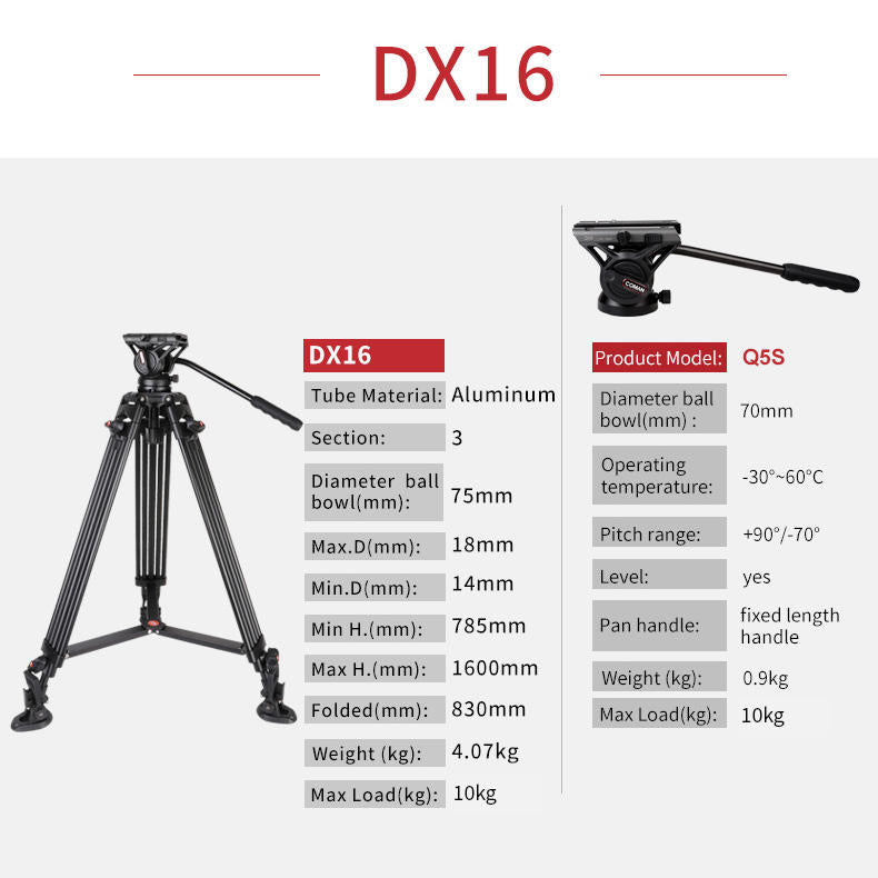 Coman DX16S 10kg Professional Aluminum Tripod With Mid-Level Spreader and Fluid Head