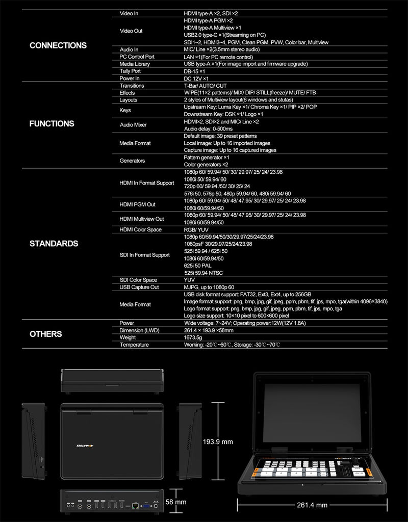 AVMATRIX PVS0403U 4-Channel SDI & HDMI Video Switcher with 10.1" FHD IPS LCD Monitor